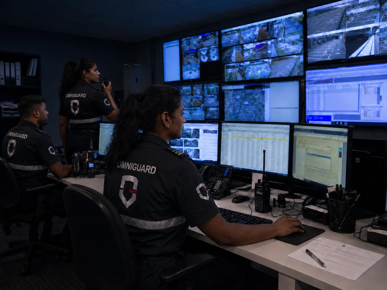 Salle de contrôle OMNIGUARD — télésurveillance 24/7 à Maurice